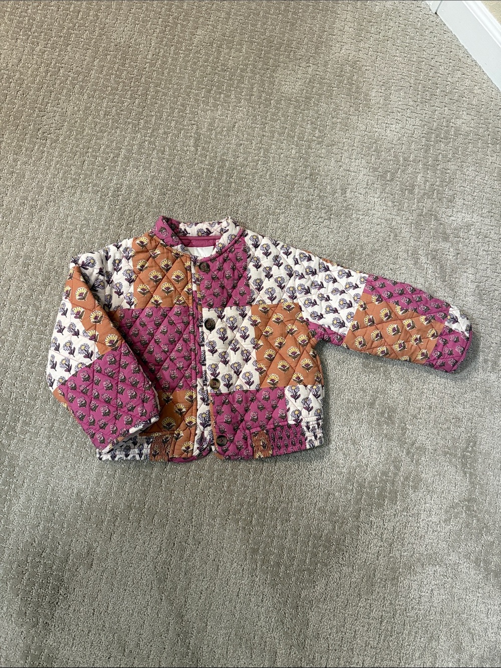 Zara Quilted Patchwork Puffer Jacket in Pink, Orange & Cream
